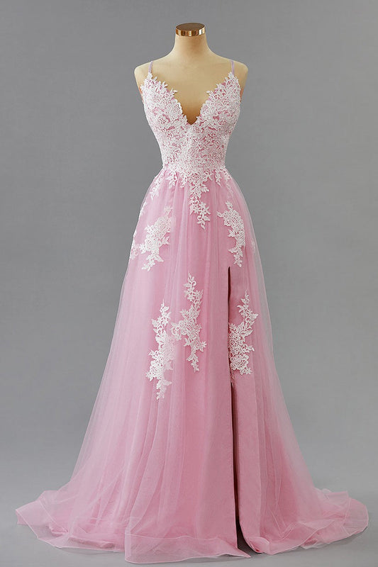 Rosa Applikationen Spaghettiträger A-Linie Langes Ballkleid Partykleid mit Schlitz Formelle Abendkleider