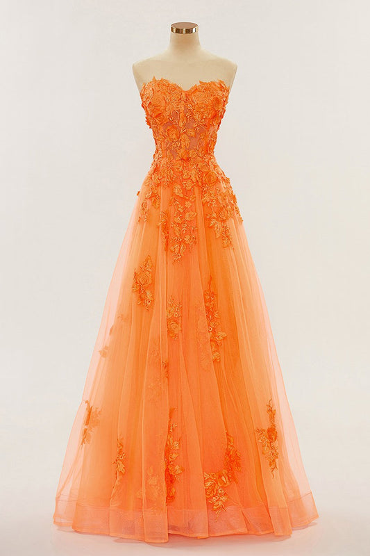 Orange trägerloses A-Linien-Abendkleid mit Applikationen, langes Ballkleid