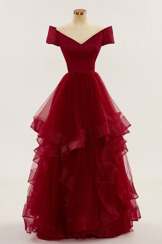 Weinrotes schulterfreies Rüschenlagen-Langballkleid für formelle Abende und Ballkleider