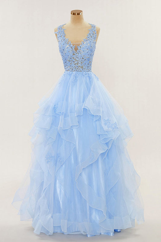 Hellblaue Perlenapplikationen, Lagen, A-Linie, langes Ballkleid, formelle Abendkleider