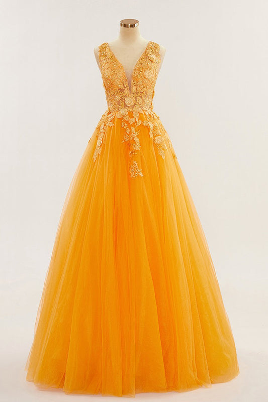 Orange Tiefer V-Ausschnitt Applikationen A-Linie Langes Ballkleid Abendkleid