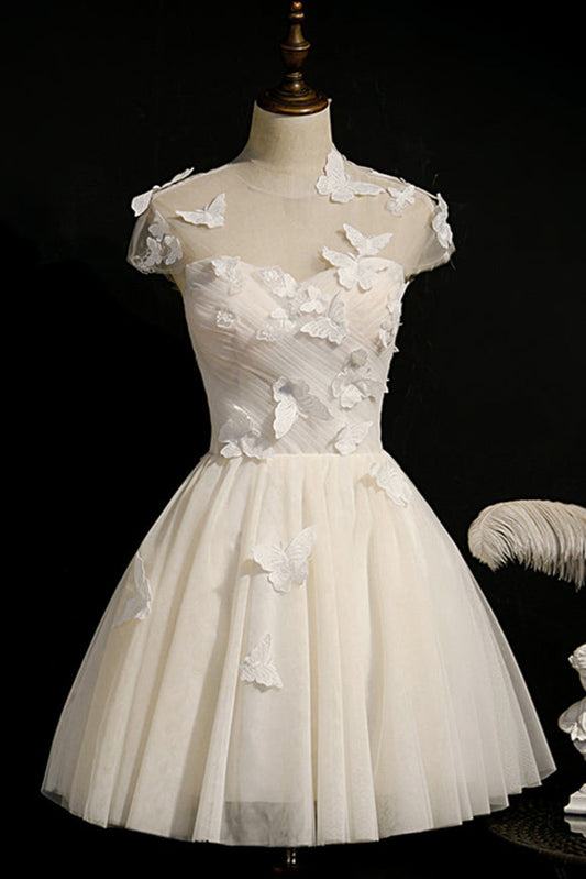 Elfenbeinfarbenes, plissiertes Illusionshalskleid mit Schmetterlingen, Heimkehr-Partykleid, Abschlussball-Cocktailkleid