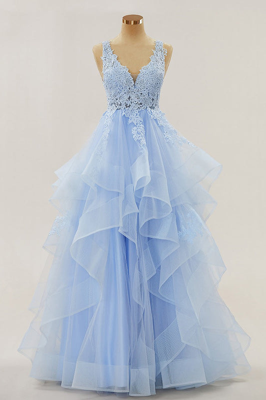 Hellblaue Applikationen Tiefer V-Ausschnitt Rüschenlagen Langes Ballkleid Abendkleid Formelle Ballkleider