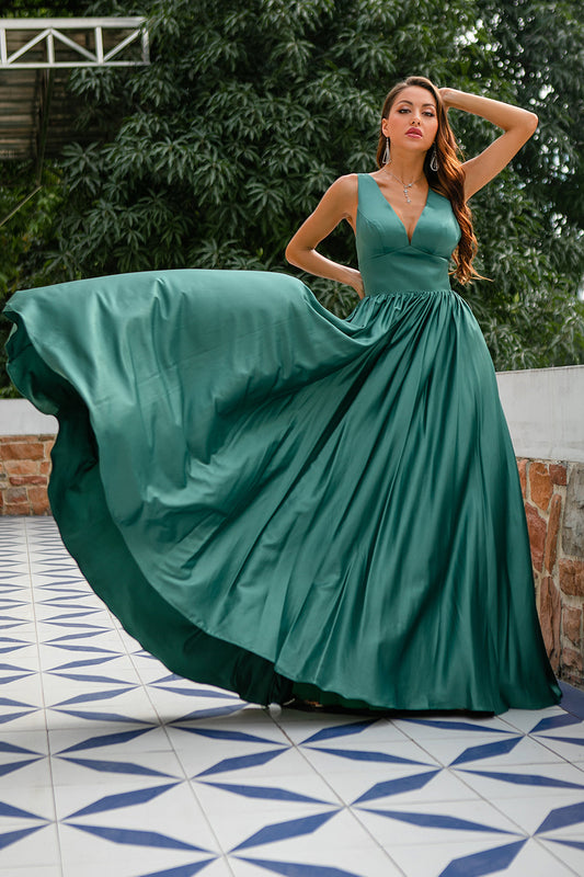Vestido largo de dama de honor con escote en V profundo verde, vestidos formales de noche y fiesta de graduación