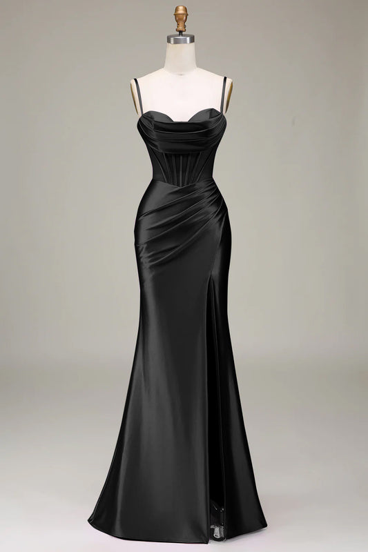 Satin Spaghettiträger Schwarzes Ballkleid mit Korsett Formelle Abendkleider