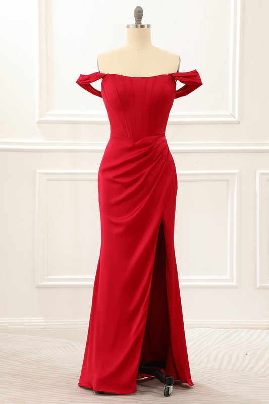 Vestido de fiesta burdeos con volantes y hombros descubiertos con abertura. Vestidos de noche formales.