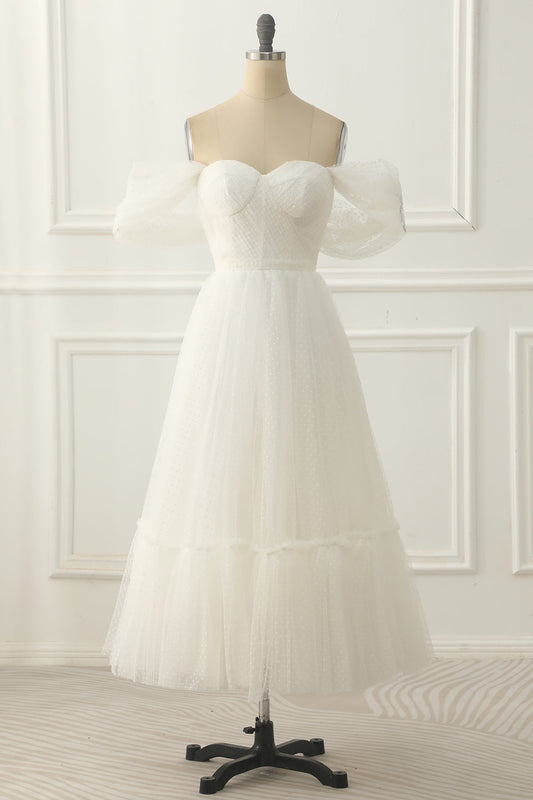 Vestido de fiesta de tul color marfil con hombros descubiertos y corte A, vestidos de noche formales