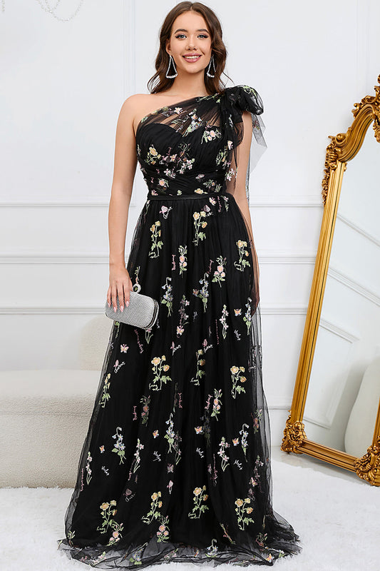 A-Line One Shoulder Black Floor Length Prom Dress With Embroidery Formal Evening Dresses
