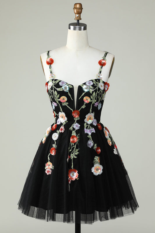 Vestido de fiesta de cóctel con tul brillante, corte A, negro, con flores