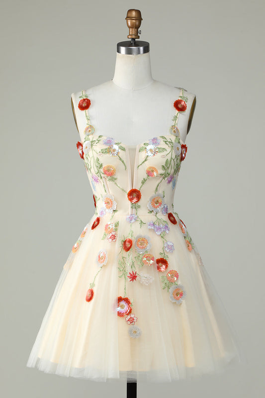 Vestido de fiesta de tul brillante con flores en forma de A color champán para cóctel