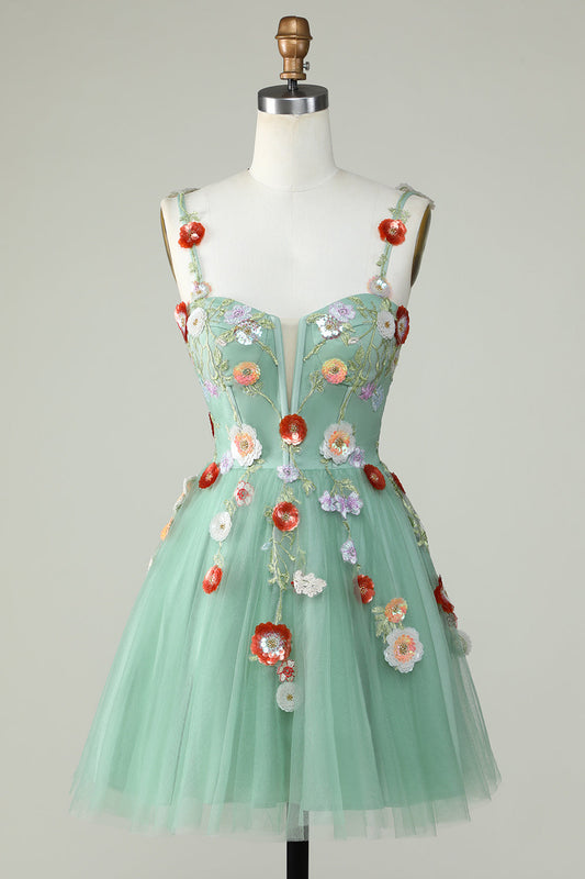 Vestido de fiesta de graduación de tul verde brillante con flores y corte en A