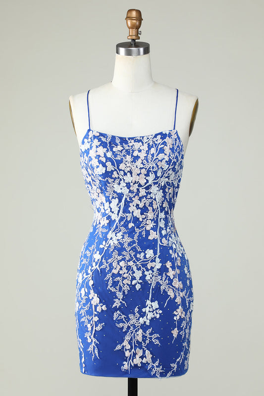 Vestido ajustado de fiesta de cóctel con tirantes finos en azul real y apliques para regreso a casa