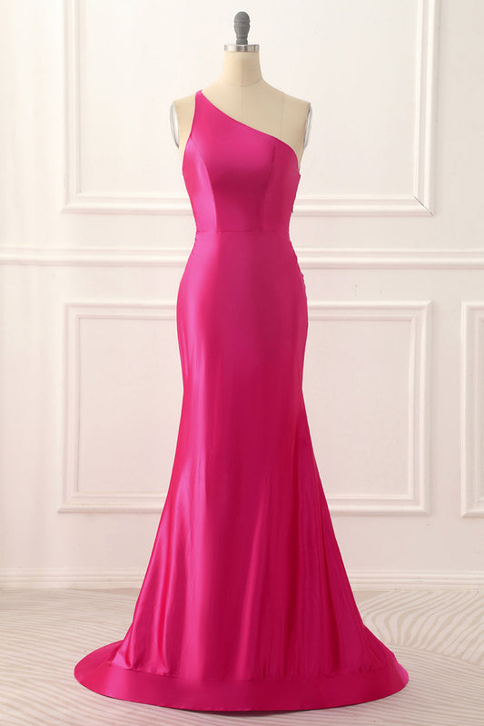 Vestido de fiesta largo de satén rosa intenso con un hombro descubierto y espalda descubierta. Vestidos de noche formales.
