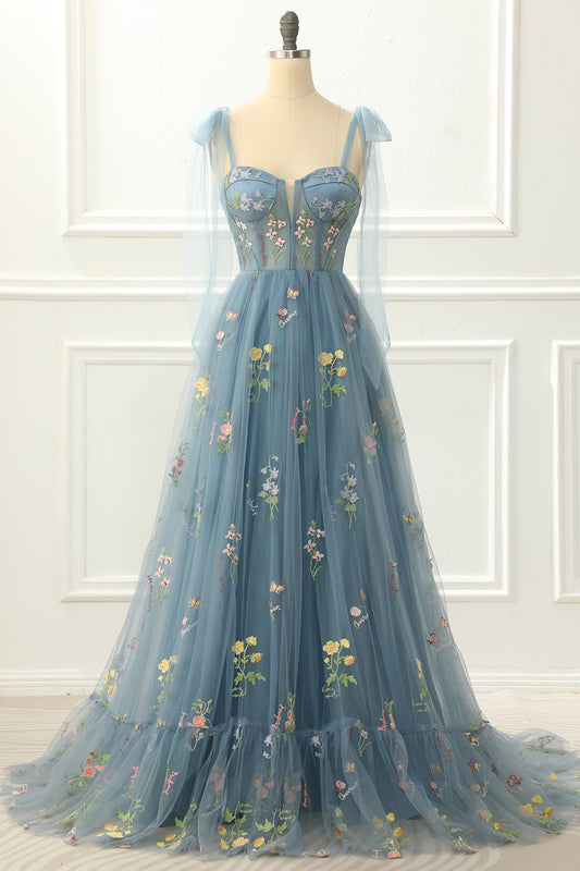 A-Linie Grau Blau Prinzessin Ballkleid Mit Stickerei Formelle Abendkleider