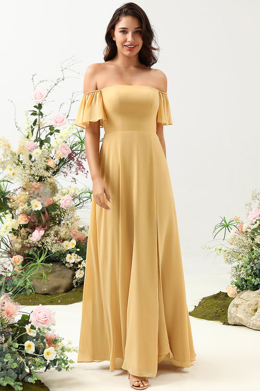 A Line Off the Shoulder Yellow Long Bridesmaid Dress Formal Evening Gowns