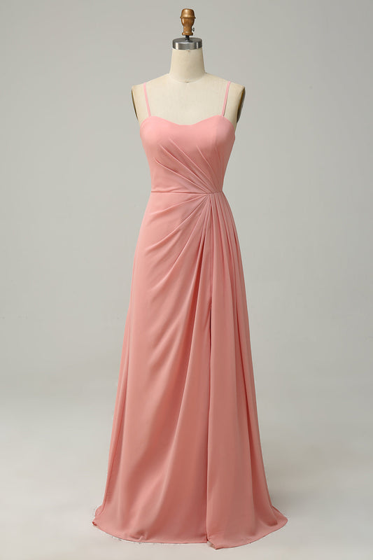 A Line Spaghetti Straps Blush Long Bridesmaid Dress Formal Evening Dresses