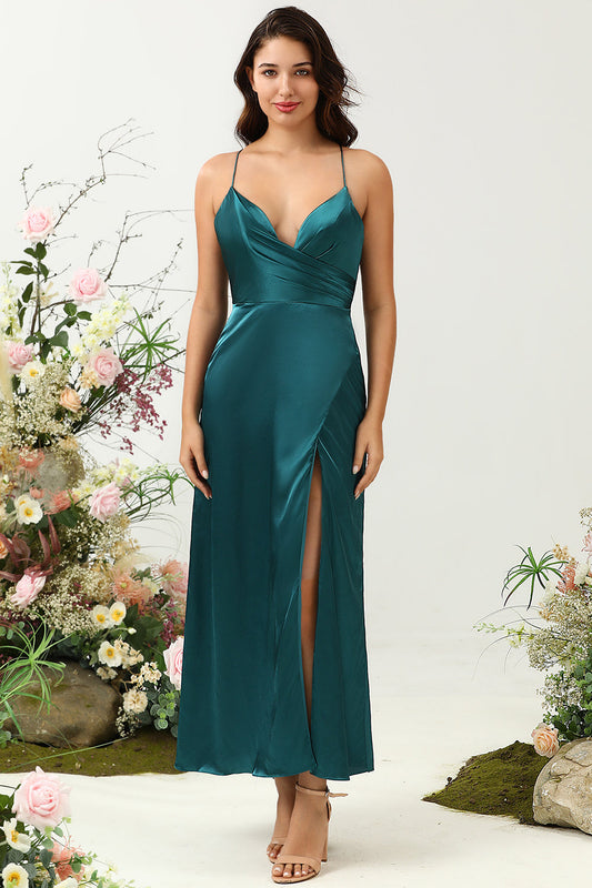 A Line Spaghetti Straps Dark Green Plus Size Bridesmaid Dress with Backless Prom Evening Gowns