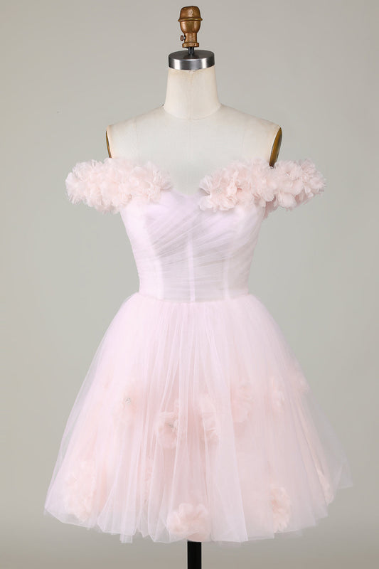 Lindo vestido rosa corto de fiesta con hombros descubiertos y flores, corte A, para cóctel y graduación.