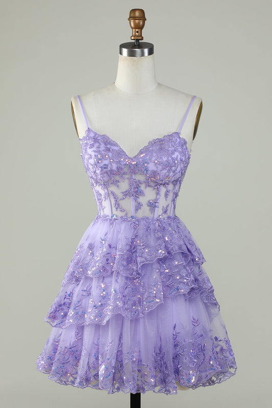 Vestido de fiesta morado con tirantes finos brillantes y lentejuelas, con capas, para cóctel o fiesta de graduación.