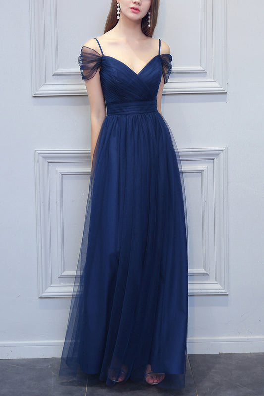 A-line V-neck Long Tulle Bridesmaid Dress Formal Evening Dresses Off the Shoulder