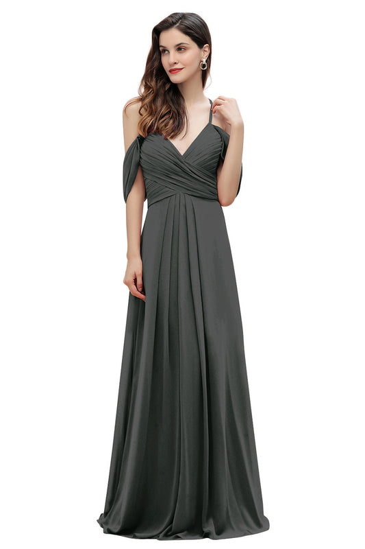 Elegant Off Shoulder Spaghetti Straps Aline Chiffon Bridesmaid Dress Floor Length Wedding Party Dress-misshow.com