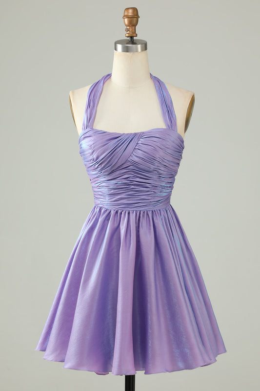 Vestido de fiesta morado de satén con cuello halter y corte en A, con pliegues, para cóctel y graduación.
