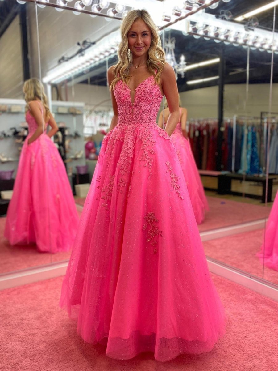 Spaghetti Straps Pink A Line Lace Long Prom Dress