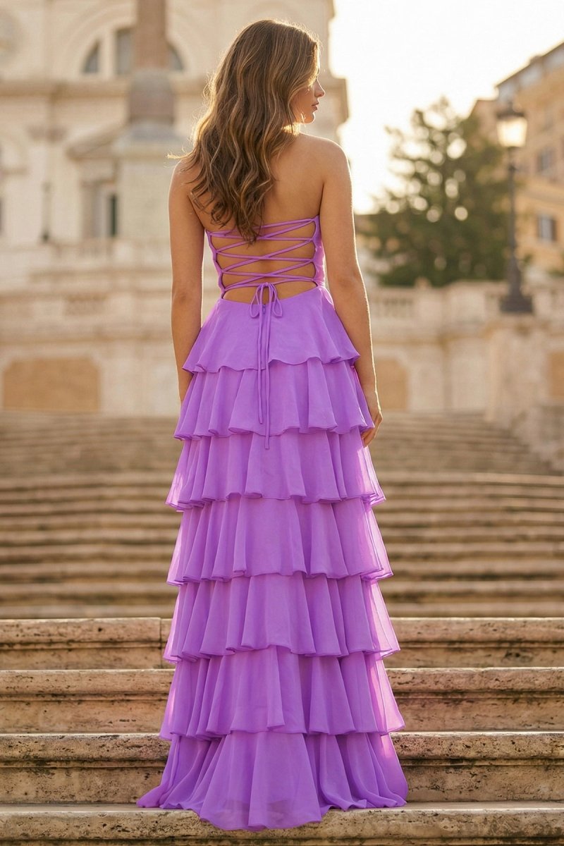 Purple Strapless A Line Chiffon Long Prom Dress With Ruffles