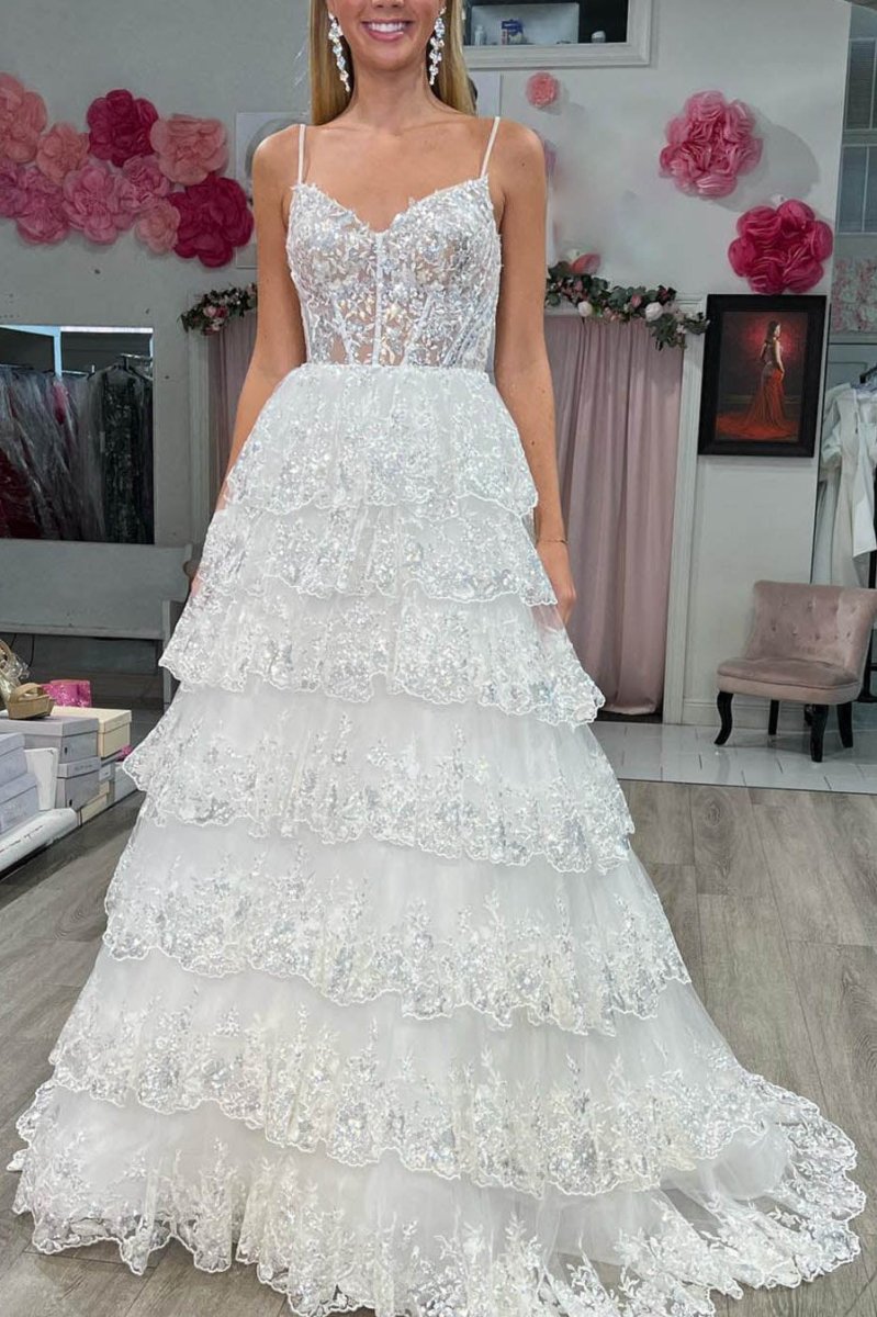 A Line Spaghetti Straps Tiered Lace Prom Dress