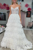 A Line Spaghetti Straps Tiered Lace Prom Dress