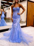 Blue Mermaid Sweetheart Neck Lace Long Prom Dress With Appliques