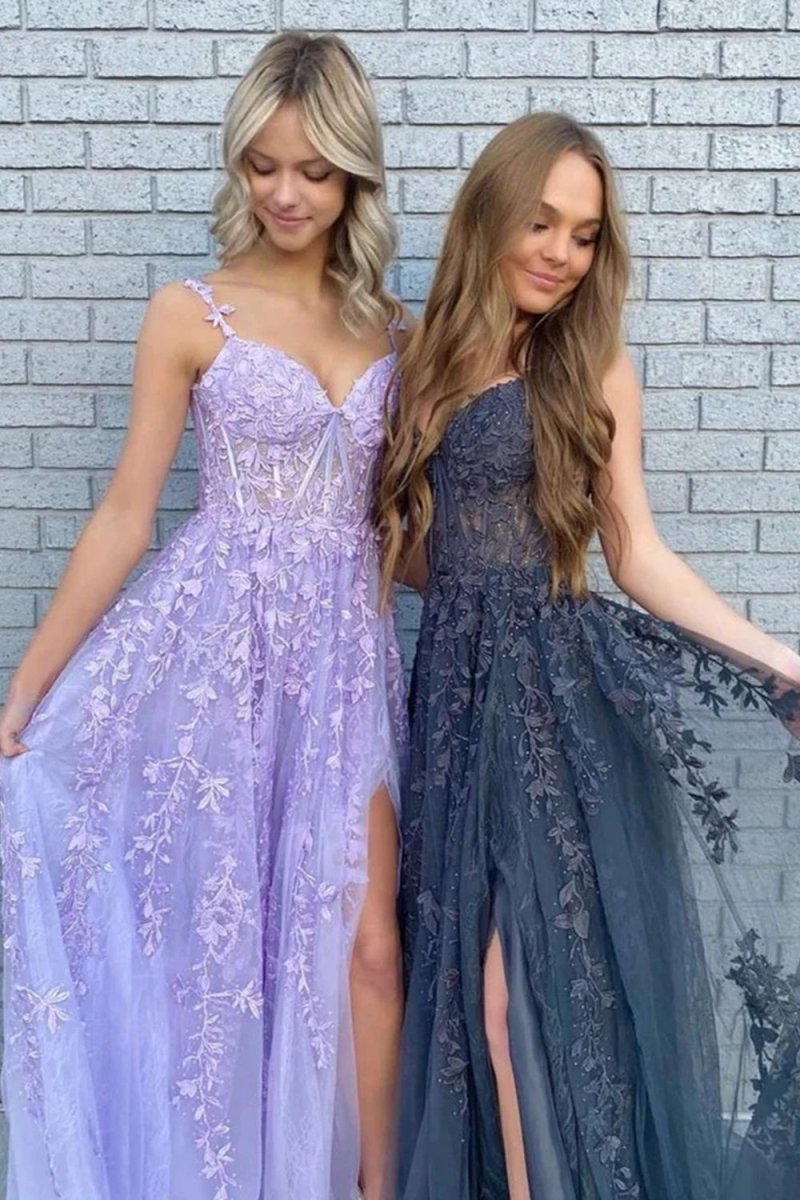 A-line Sweetheart Lace Tulle Prom Dress with Slit