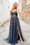 A-line Sweetheart Lace Tulle Prom Dress with Slit