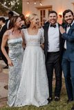 A-Line Square Neck Vintage Lace Wedding Dresses