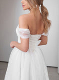 Sweet A-Line Off-The-Shoulder Little White Tulle Wedding Dresses