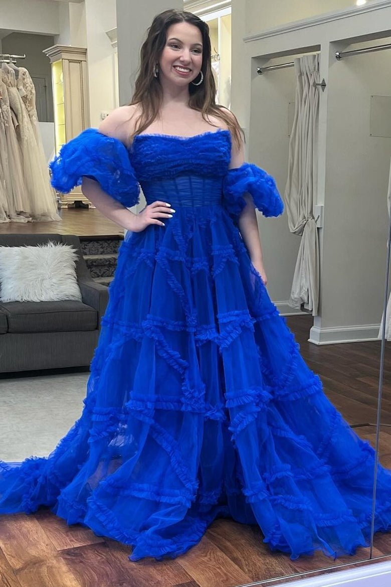 A-Line Strapless Ruffles Long Formal Dress with Puff Sleeves