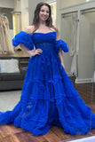 A-Line Strapless Ruffles Long Formal Dress with Puff Sleeves