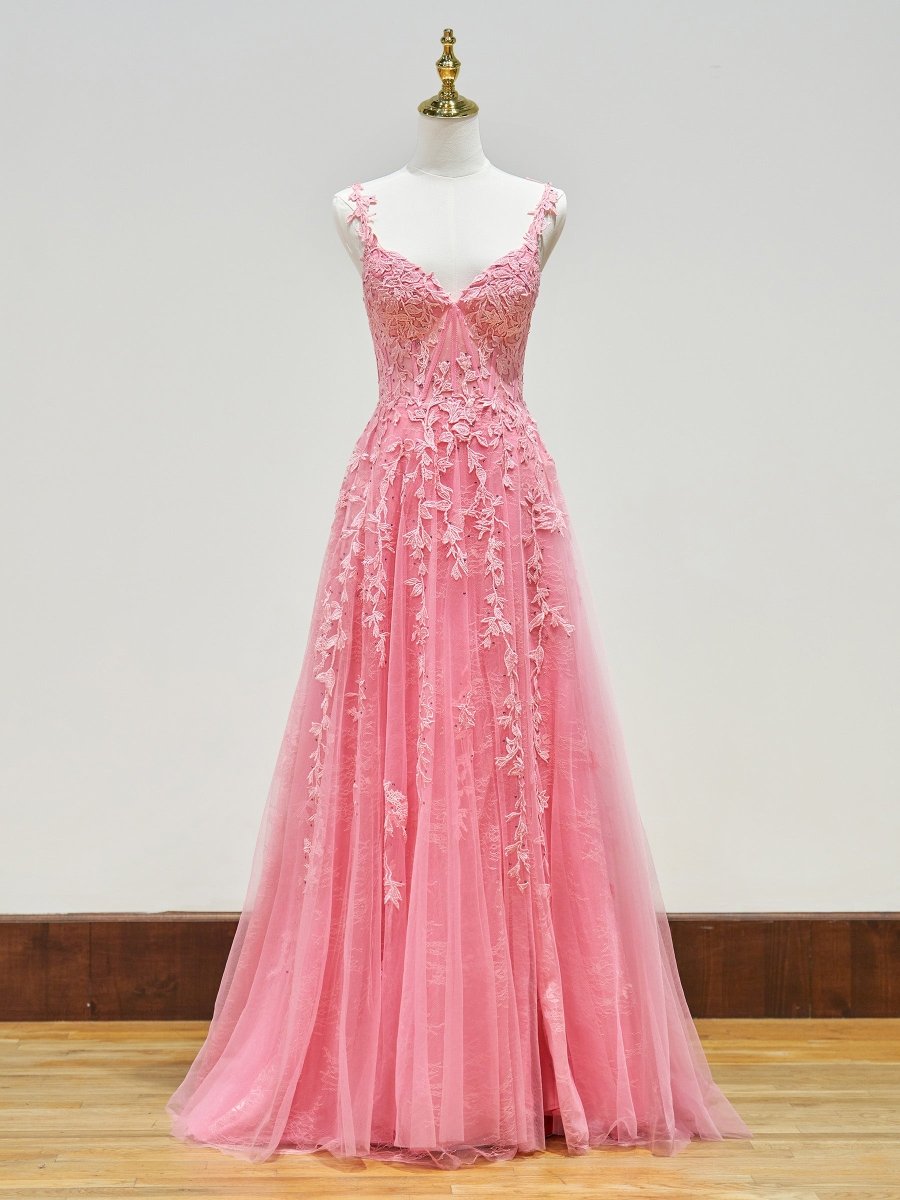 A-line V Neck Lace Tulle Prom Dress With Slit