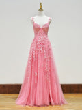 A-line V Neck Lace Tulle Prom Dress With Slit