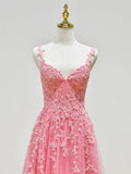 A-line V Neck Lace Tulle Prom Dress With Slit