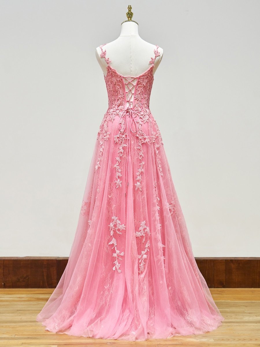 A-line V Neck Lace Tulle Prom Dress With Slit