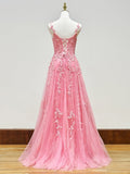 A-line V Neck Lace Tulle Prom Dress With Slit