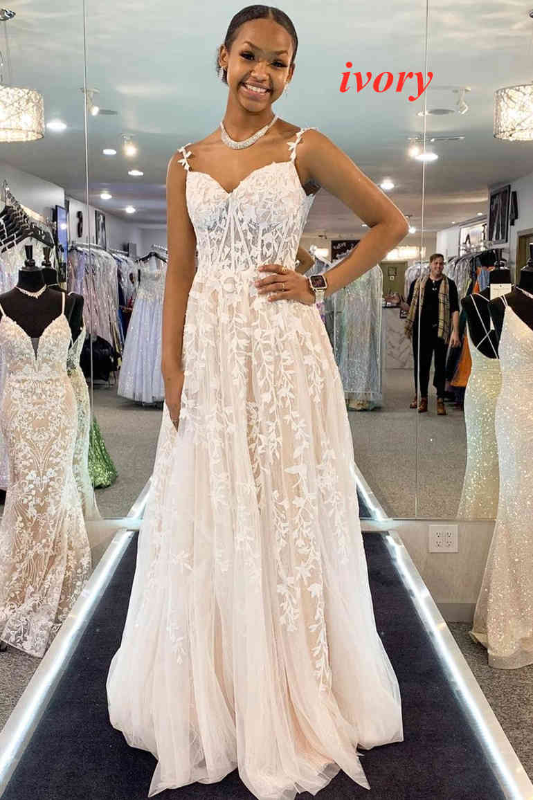 A-line V Neck Lace Tulle Prom Dress With Slit
