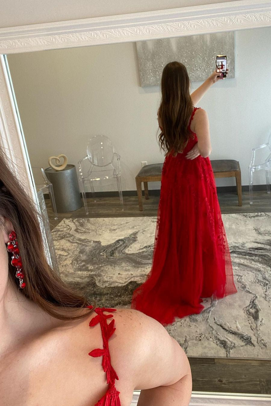 A-line V Neck Lace Tulle Prom Dress With Slit