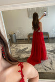 A-line V Neck Lace Tulle Prom Dress With Slit