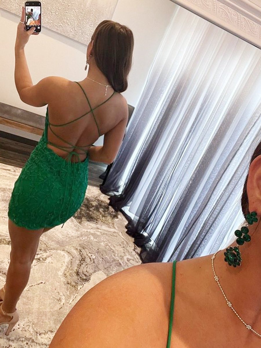 Sheath Spaghetti Straps Lace Short Homecoming & Cocktail Dresses