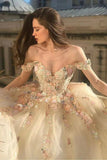 Off Shoulder Long Champagne Lace Champagne Quinceanera Dresses
