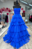A-Line Strapless Tiered Tulle Prom Dress with Ruffles