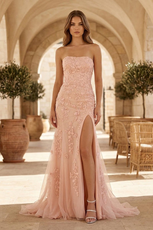 Mermaid Strapless Lace Long Prom Dress with Slit