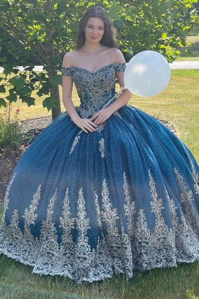 Sparkly Teal Blue Off-the-Shoulder Lace Up Back Quinceanera Dress